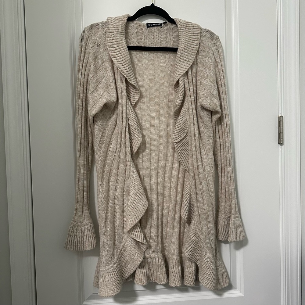 Domani Beige Ruffle Knit Cardigan size Large, ruffle, boho, minimalist, work